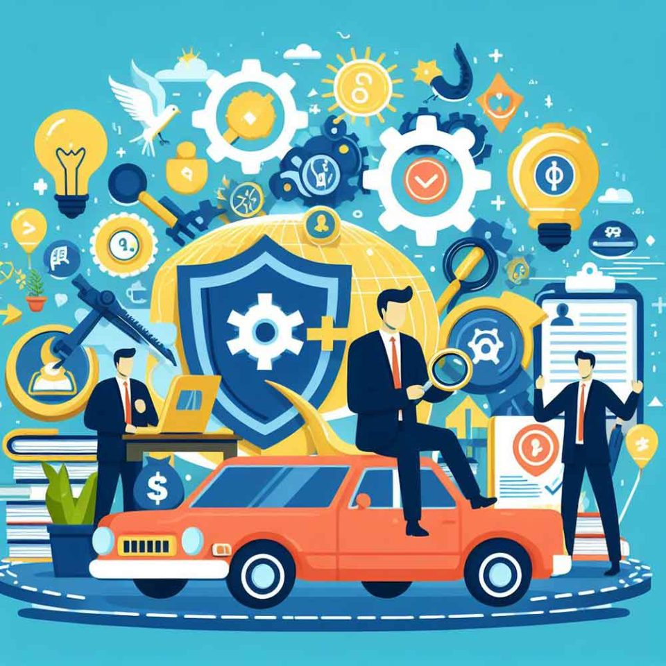 An illustration depicting insurance agents sitting on a car with gears and lightbulbs in the background