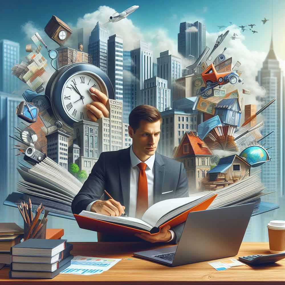 An illustration of a business man sitting at a desk with skyscrapers in the background