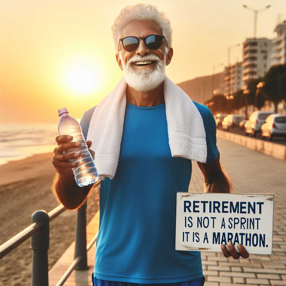 A man jogging along a beach holding a water bottle and a sign that says retirement is not a sprint it is a marathon