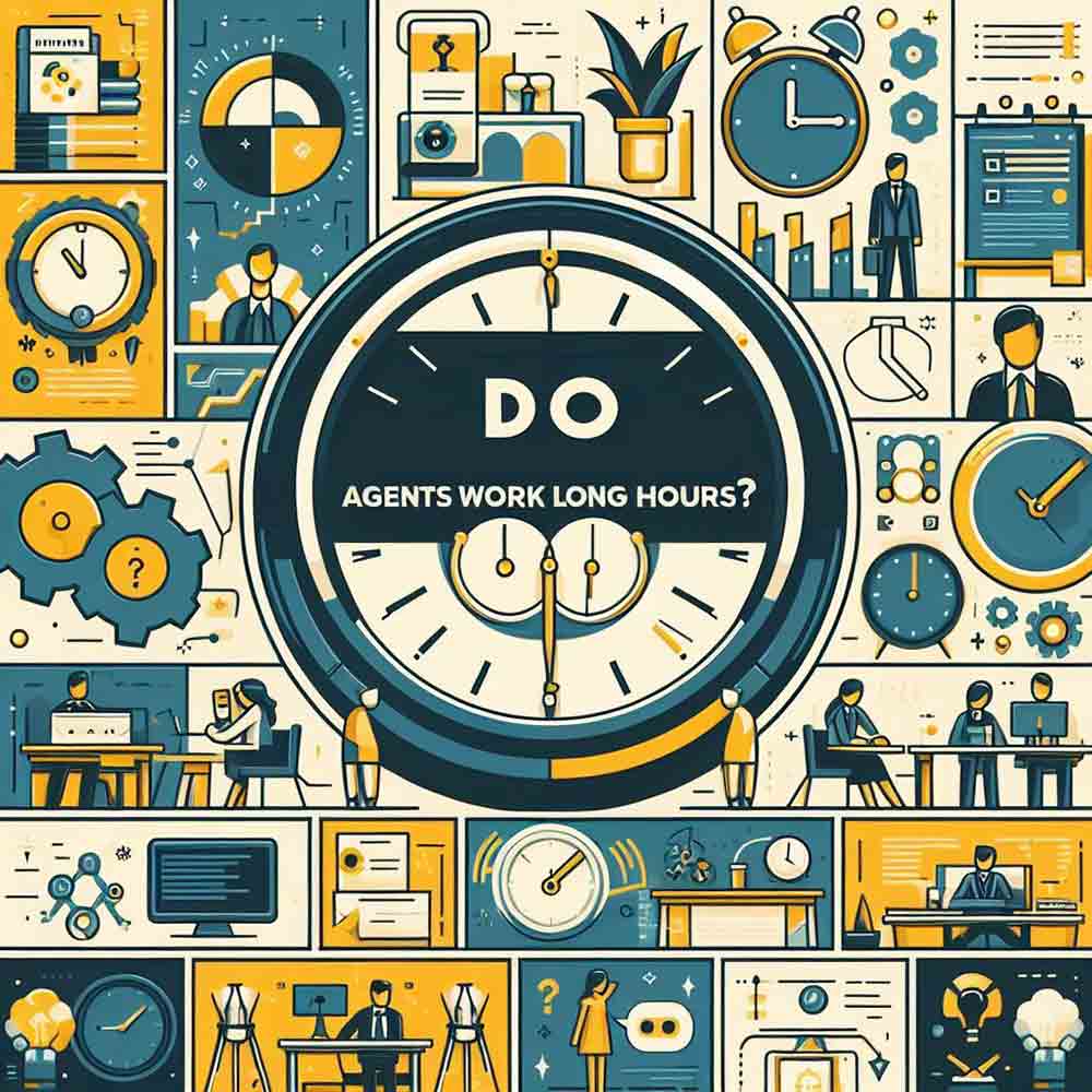 An illustration depicting insurance agents working and clocks which is labeled Do agents work long hours