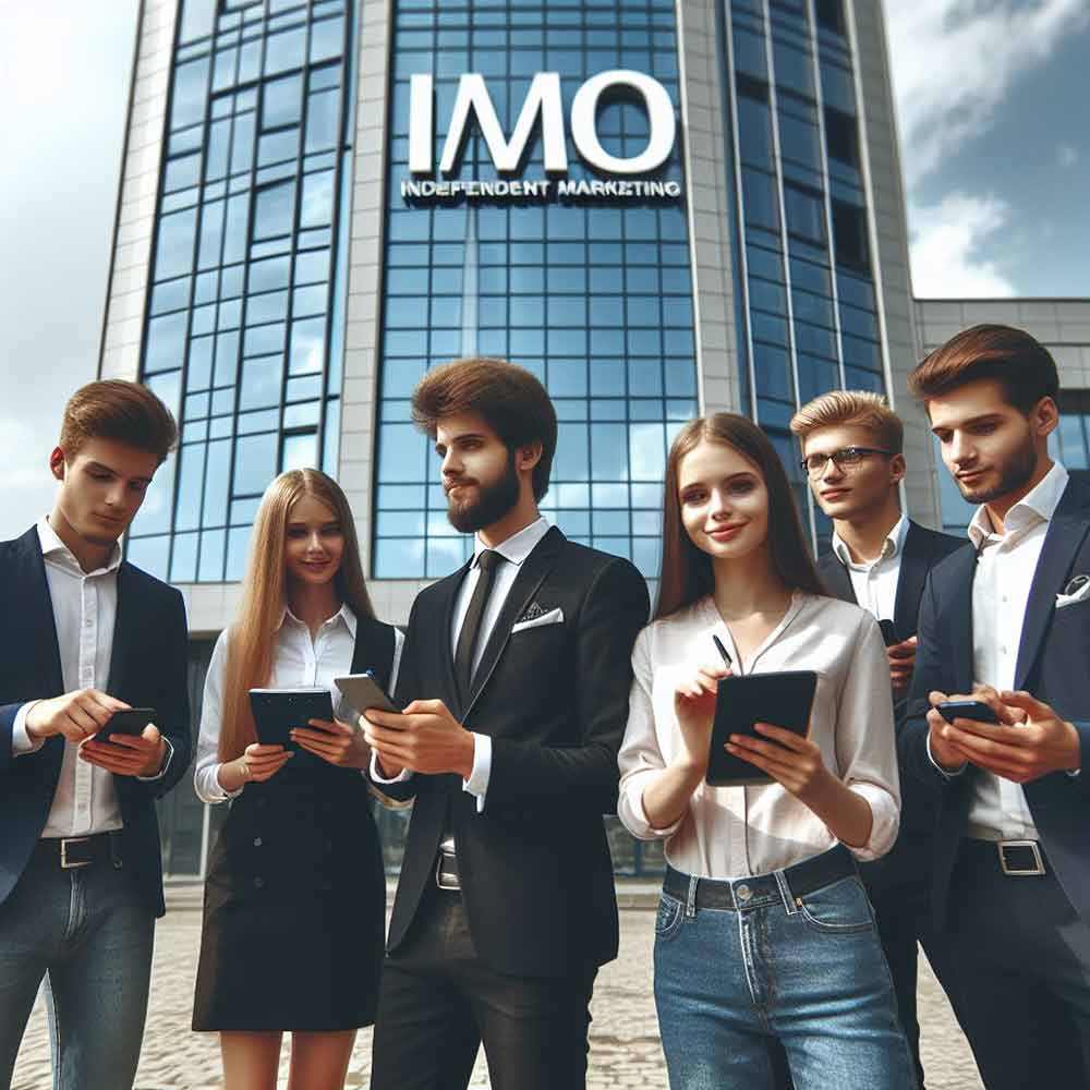 Independent Marketing Organization Agents standing in front of a building with a sign that says IMO