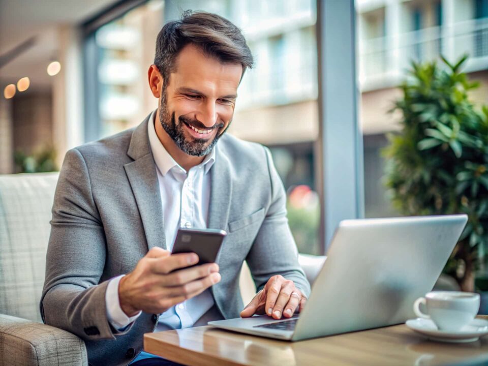 An insurance agent working on a laptop while looking at a phone in his hand